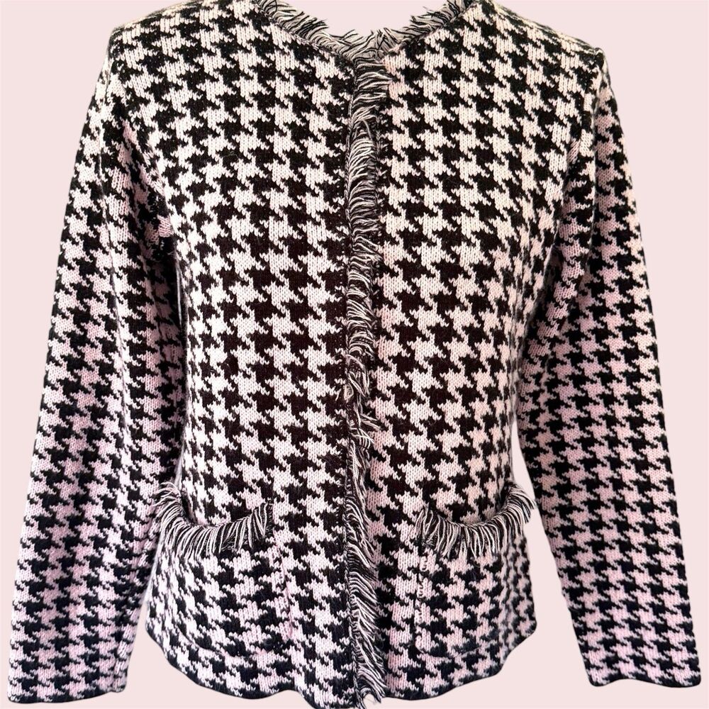 Vtg Fringe Parisian Chic Houndstooth Preppy Cardigan Sweater Small Pink Black